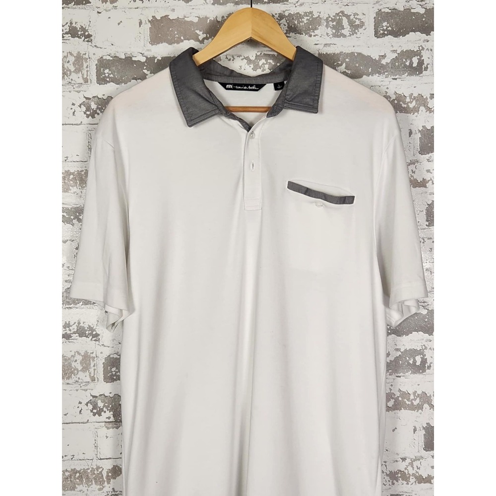Travis Mathews Golf Polo Mens Large Gray White Pima‎ Cotton Pocket